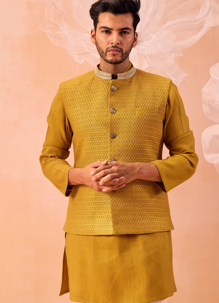 Mustard Yellow Embroidered Nehru Jacket And Kurta Set Contrast by Parth - Fabilicious Fashion