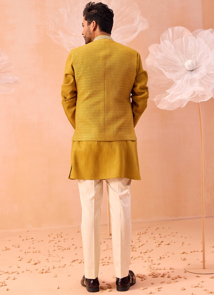 Mustard Yellow Embroidered Nehru Jacket And Kurta Set Contrast by Parth - Fabilicious Fashion