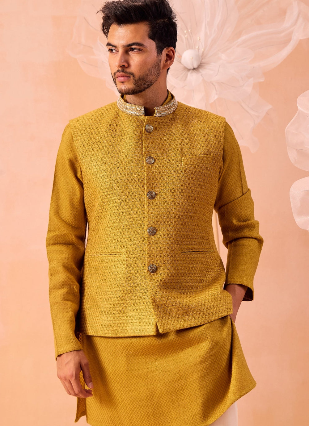 Mustard Yellow Embroidered Nehru Jacket And Kurta Set Contrast by Parth - Fabilicious Fashion