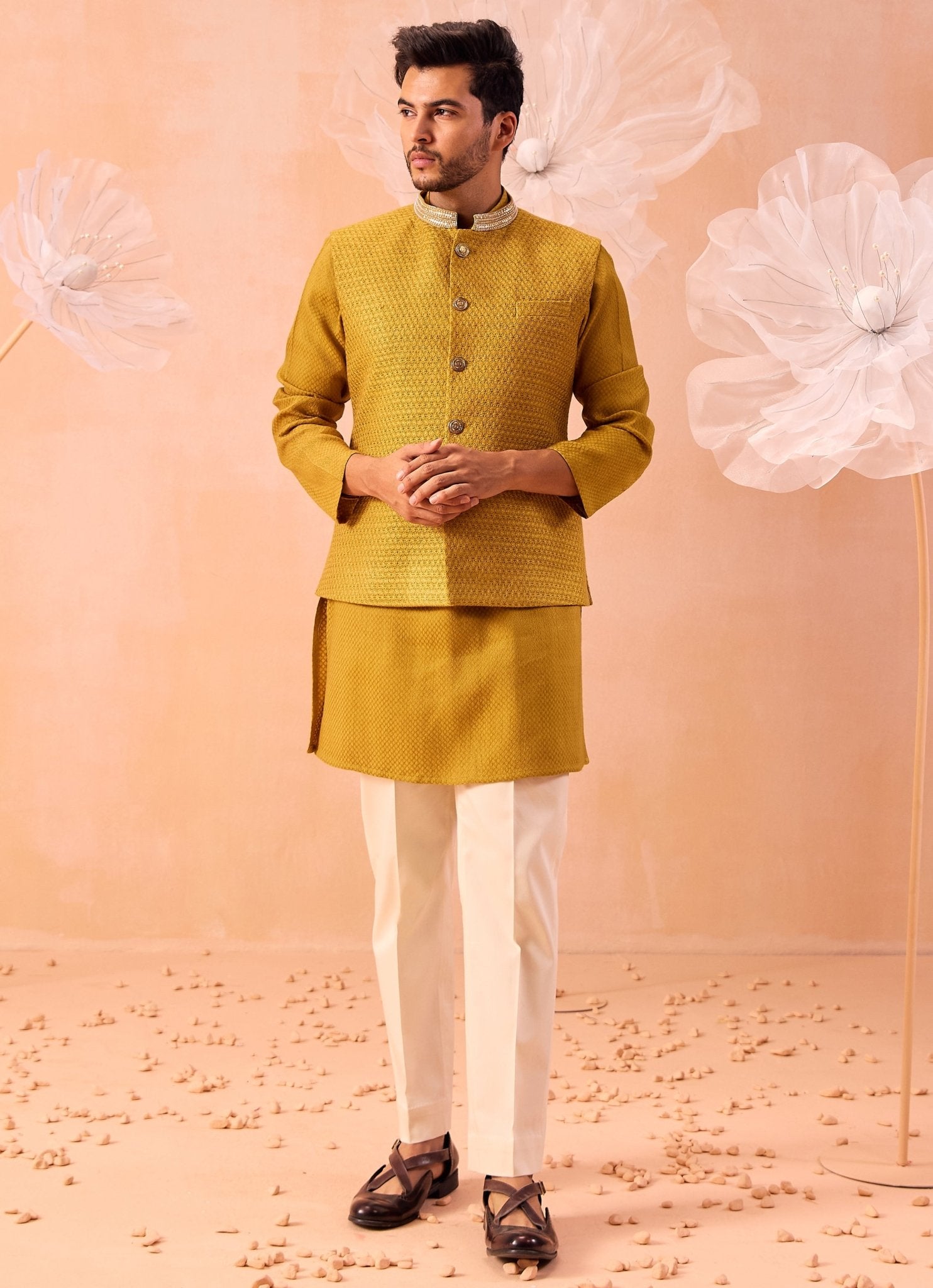 Mustard yellow kurta jacket set — festive Nehru jacket set for men
