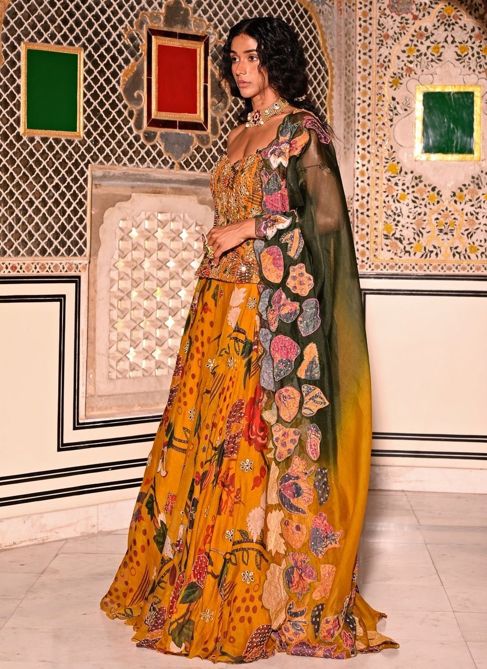 Juhi Bengani Mustard Yellow Embroidered Organza Corset Lehenga SetFabilicious Fashion