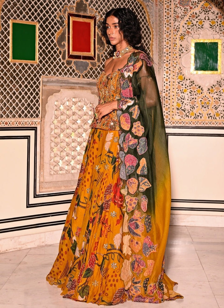 Juhi Bengani Mustard Yellow Embroidered Organza Corset Lehenga SetFabilicious Fashion
