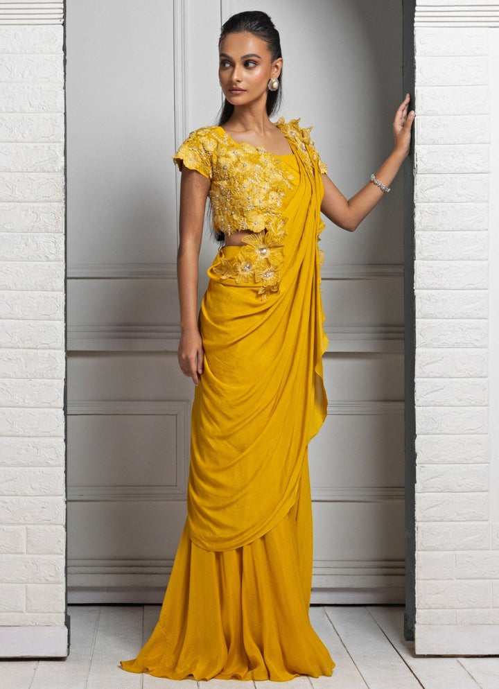 Mustard Yellow Embroidered Pant Saree Smriti - Fabilicious Fashion