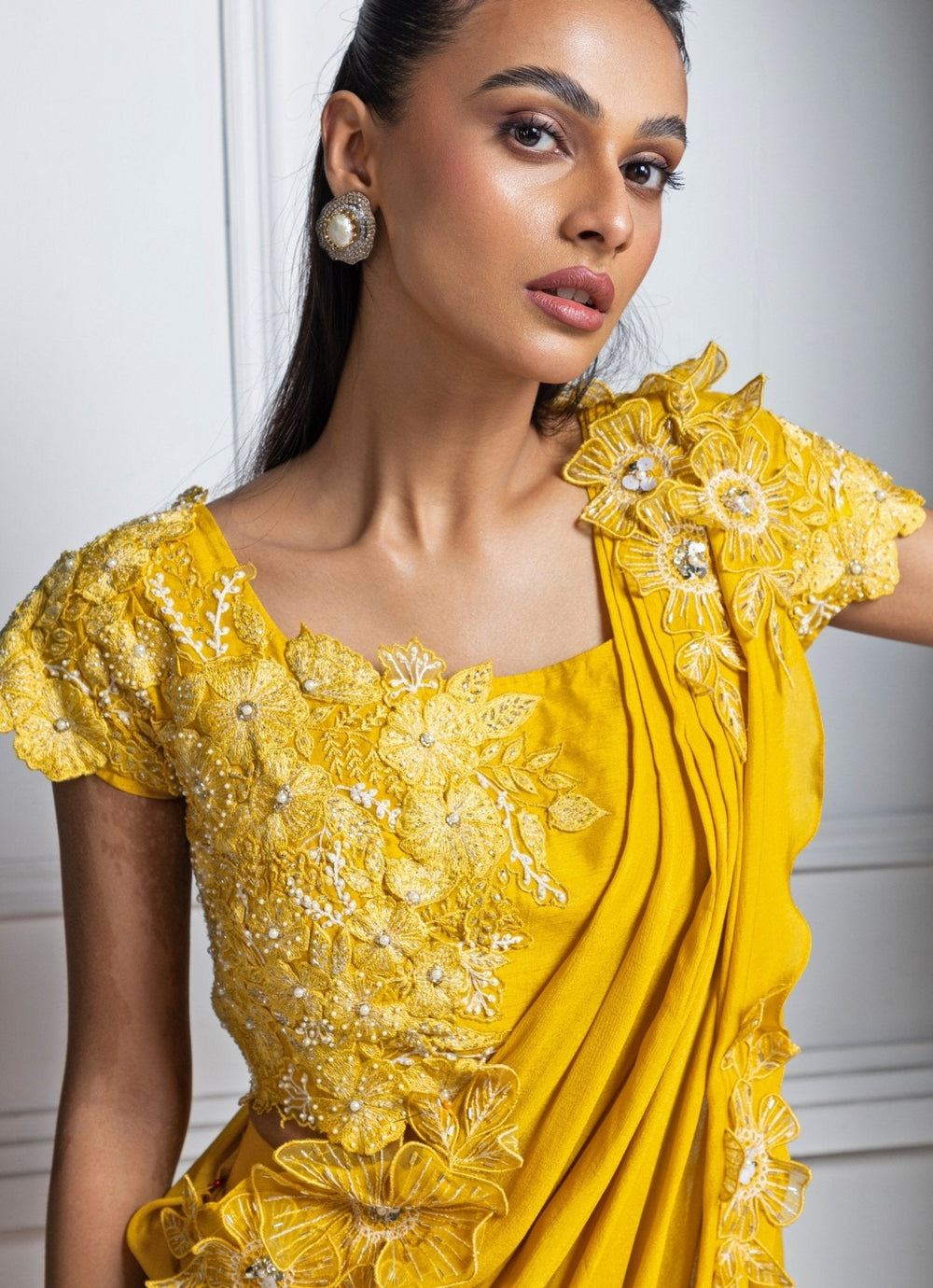 Mustard Yellow Embroidered Pant Saree Smriti - Fabilicious Fashion