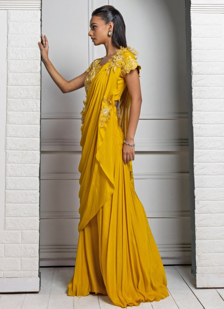 Mustard Yellow Embroidered Pant Saree Smriti - Fabilicious Fashion