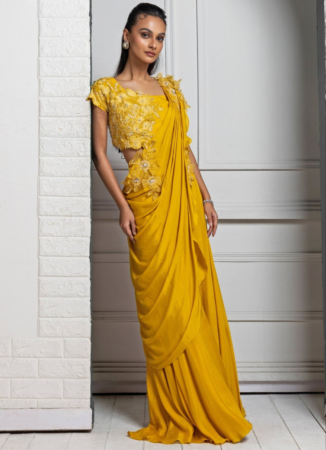 Mustard Yellow Embroidered Pant Saree Smriti - Fabilicious Fashion