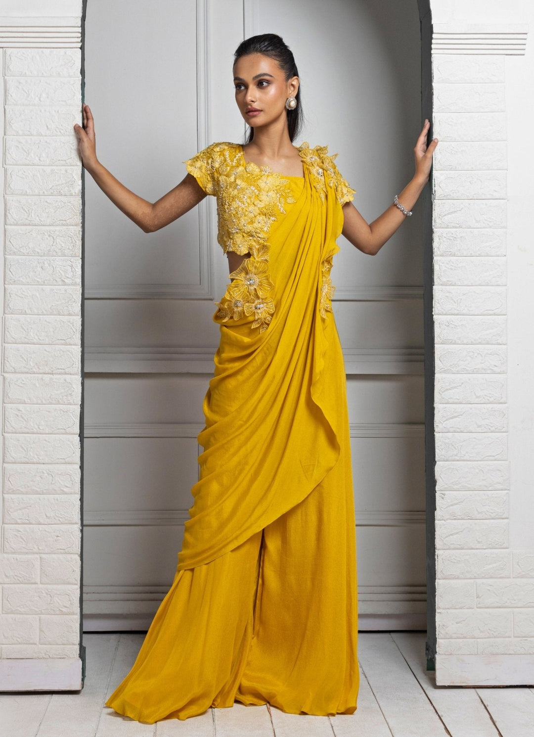 Mustard Yellow Embroidered Pant Saree Smriti - Fabilicious Fashion