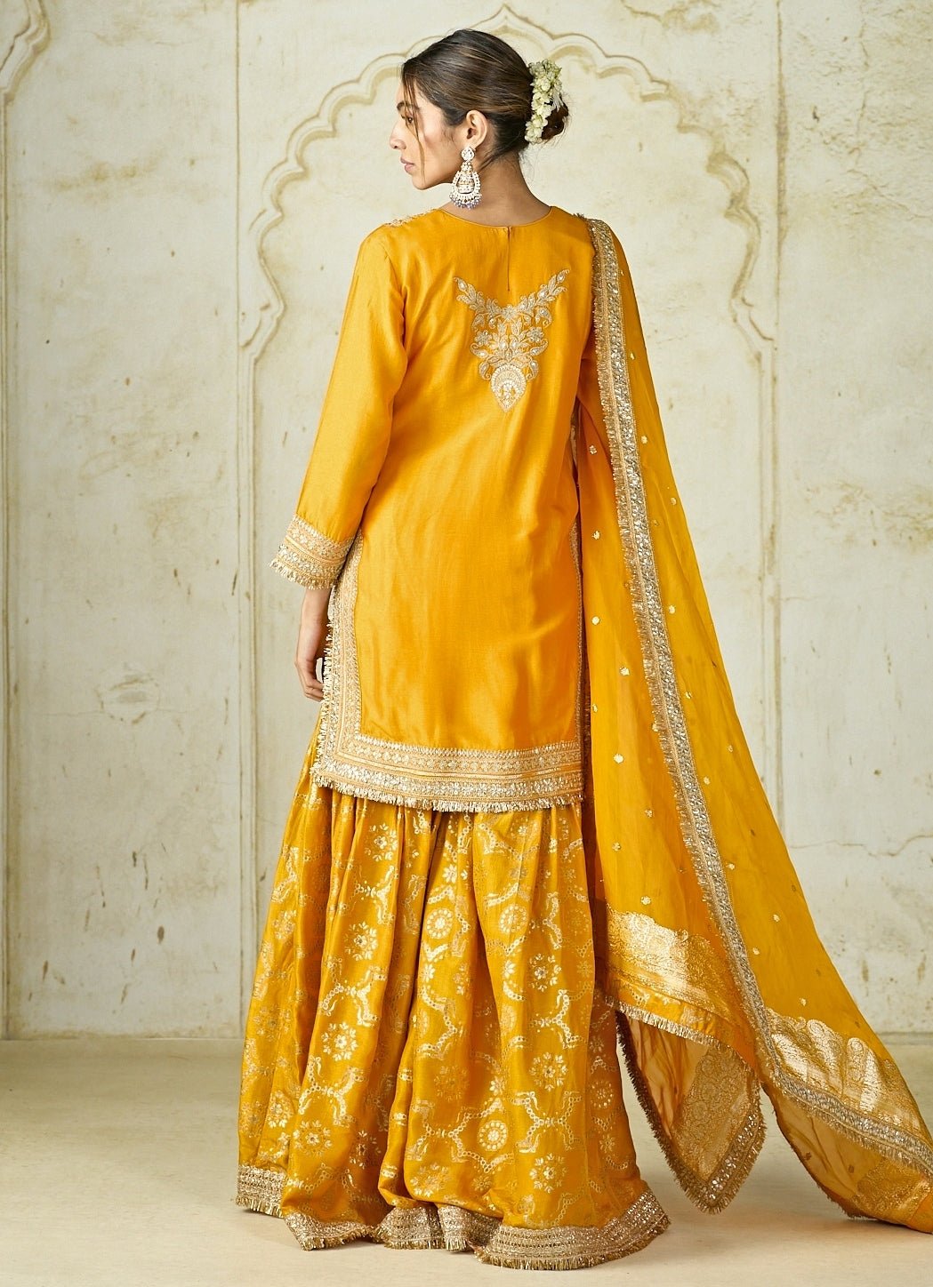Gopi Vaid Mustard Yellow Embroidered Tussar Kurta Sharara SetFabilicious Fashion