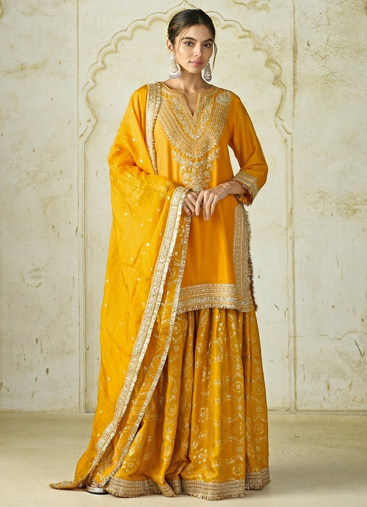 Gopi Vaid Mustard Yellow Embroidered Tussar Kurta Sharara SetFabilicious Fashion