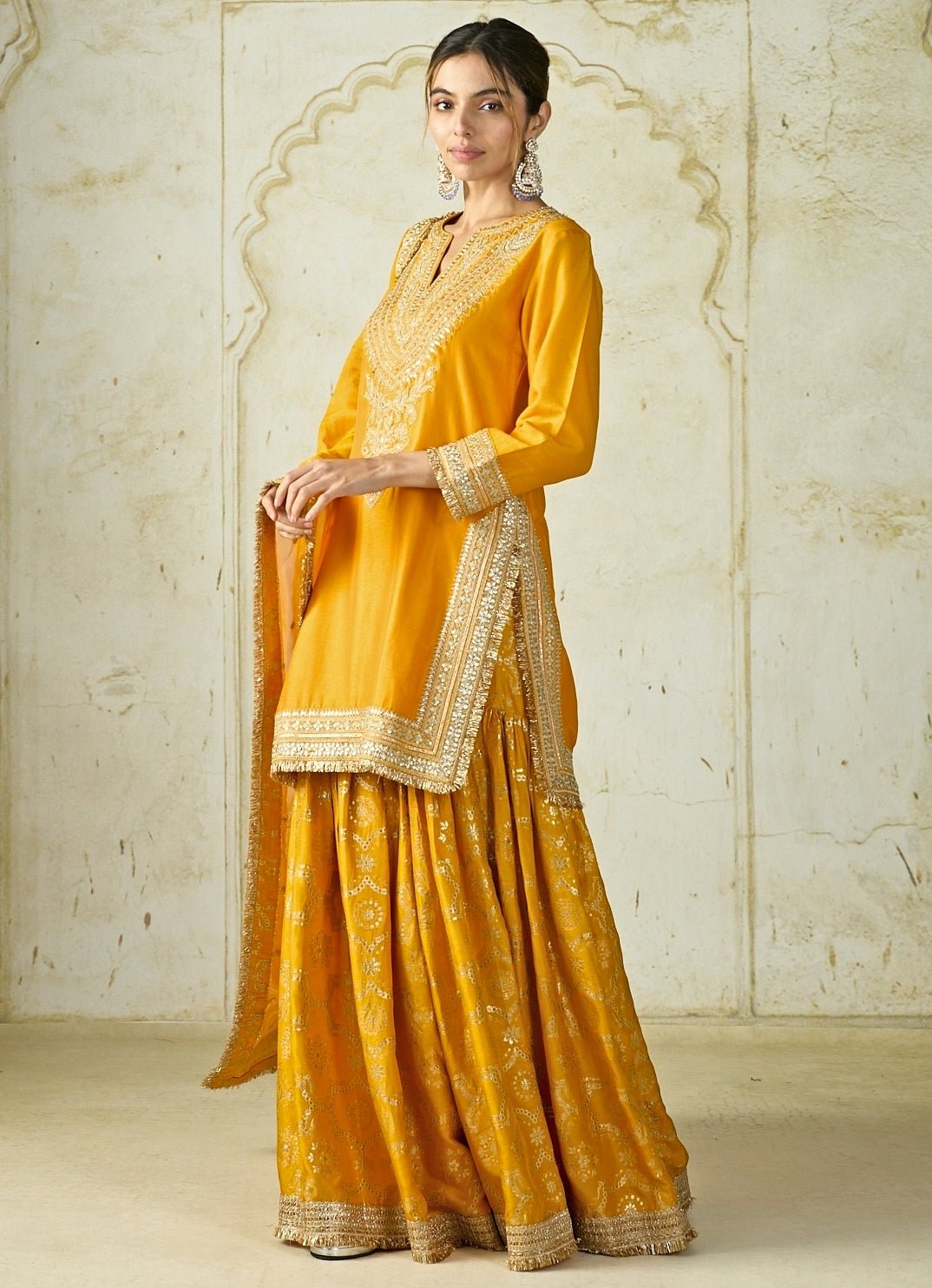 Gopi Vaid Mustard Yellow Embroidered Tussar Kurta Sharara SetFabilicious Fashion