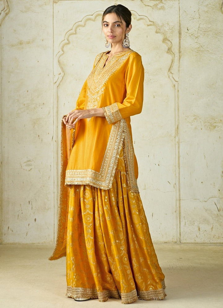 Gopi Vaid Mustard Yellow Embroidered Tussar Kurta Sharara SetFabilicious Fashion
