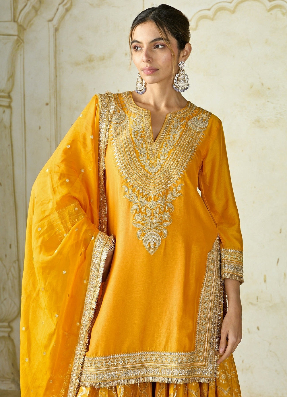 Gopi Vaid Mustard Yellow Embroidered Tussar Kurta Sharara SetFabilicious Fashion