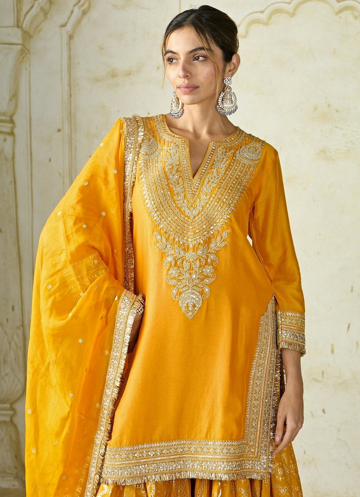 Gopi Vaid Mustard Yellow Embroidered Tussar Kurta Sharara SetFabilicious Fashion