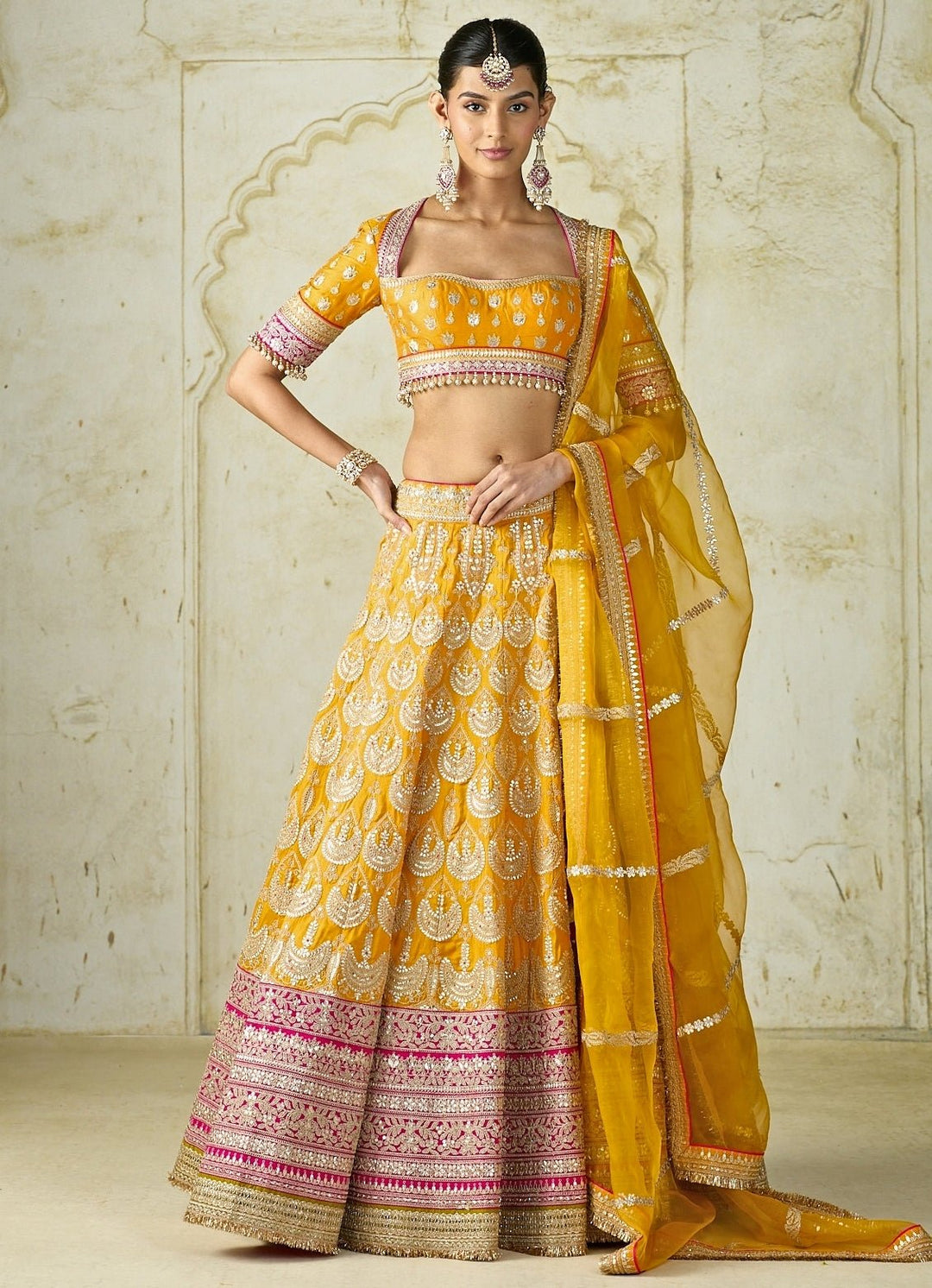 Gopi Vaid Mustard Yellow Embroidered Tussar Lehenga SetFabilicious Fashion