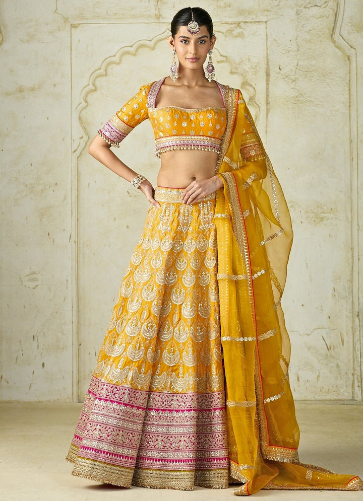 Gopi Vaid Mustard Yellow Embroidered Tussar Lehenga SetFabilicious Fashion
