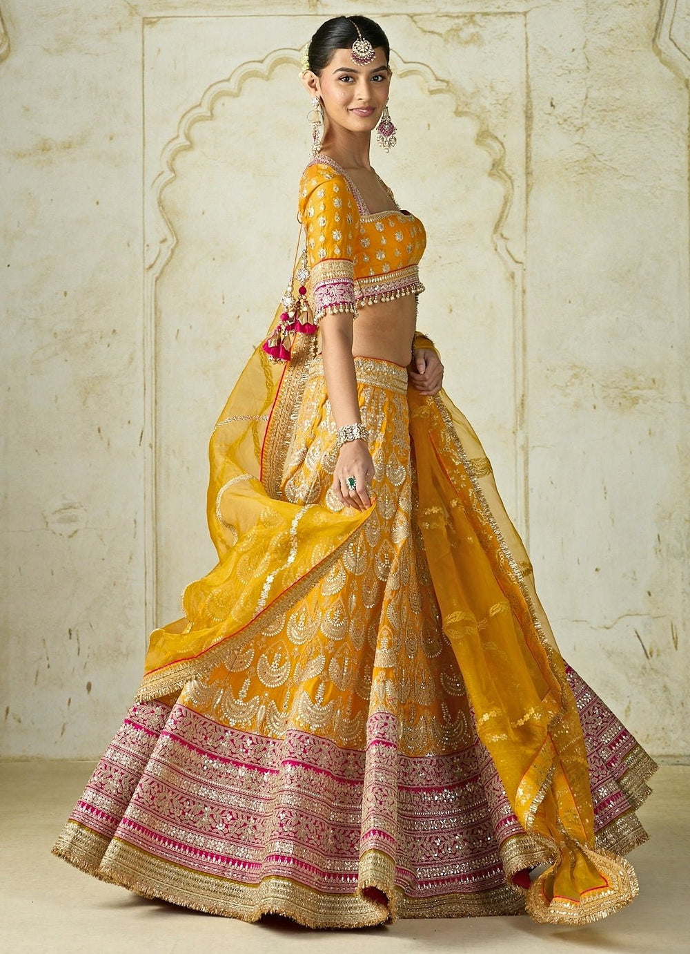Gopi Vaid Mustard Yellow Embroidered Tussar Lehenga SetFabilicious Fashion
