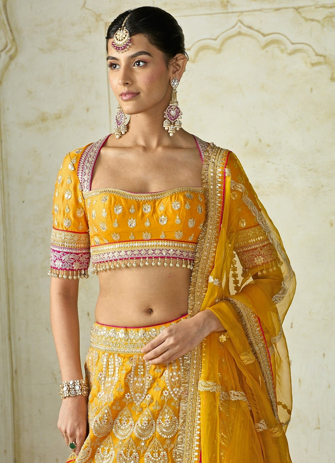 Gopi Vaid Mustard Yellow Embroidered Tussar Lehenga SetFabilicious Fashion