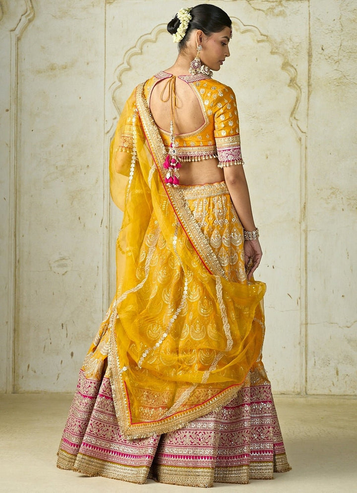 Gopi Vaid Mustard Yellow Embroidered Tussar Lehenga SetFabilicious Fashion