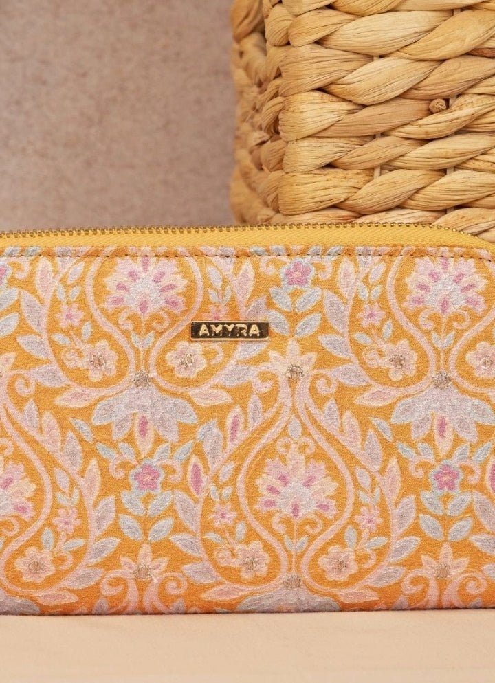 Mustard Yellow Embroidered Zip Wallet AMYRA - Fabilicious Fashion