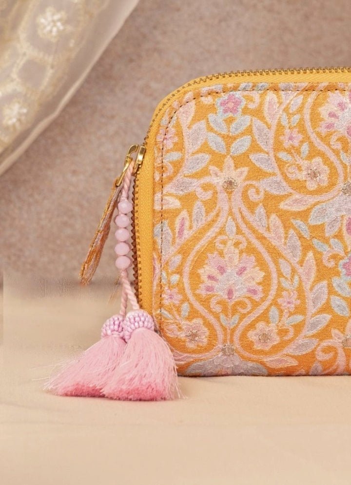 Mustard Yellow Embroidered Zip Wallet AMYRA - Fabilicious Fashion