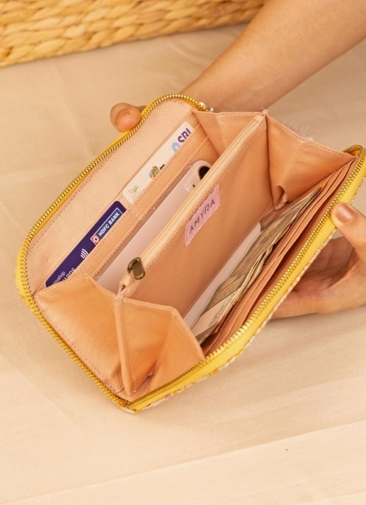 Mustard Yellow Embroidered Zip Wallet AMYRA - Fabilicious Fashion