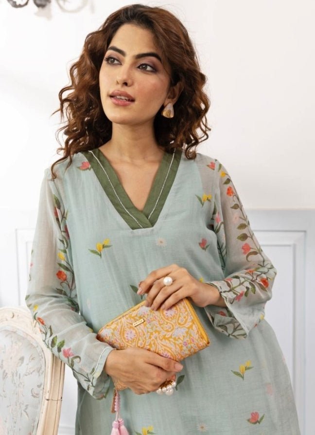 Mustard Yellow Embroidered Zip Wallet AMYRA - Fabilicious Fashion