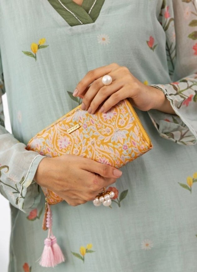 Mustard Yellow Embroidered Zip Wallet AMYRA - Fabilicious Fashion