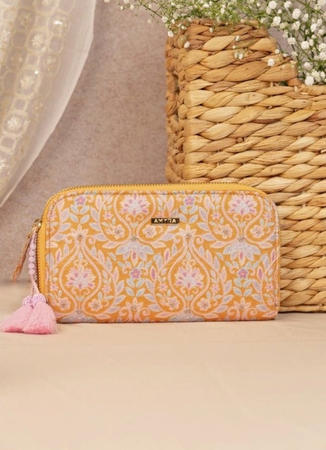 Mustard Yellow Embroidered Zip Wallet AMYRA - Fabilicious Fashion