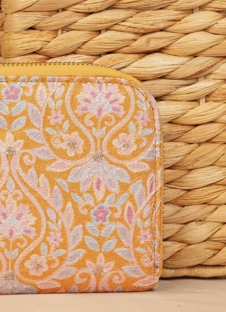 Mustard Yellow Embroidered Zip Wallet AMYRA - Fabilicious Fashion
