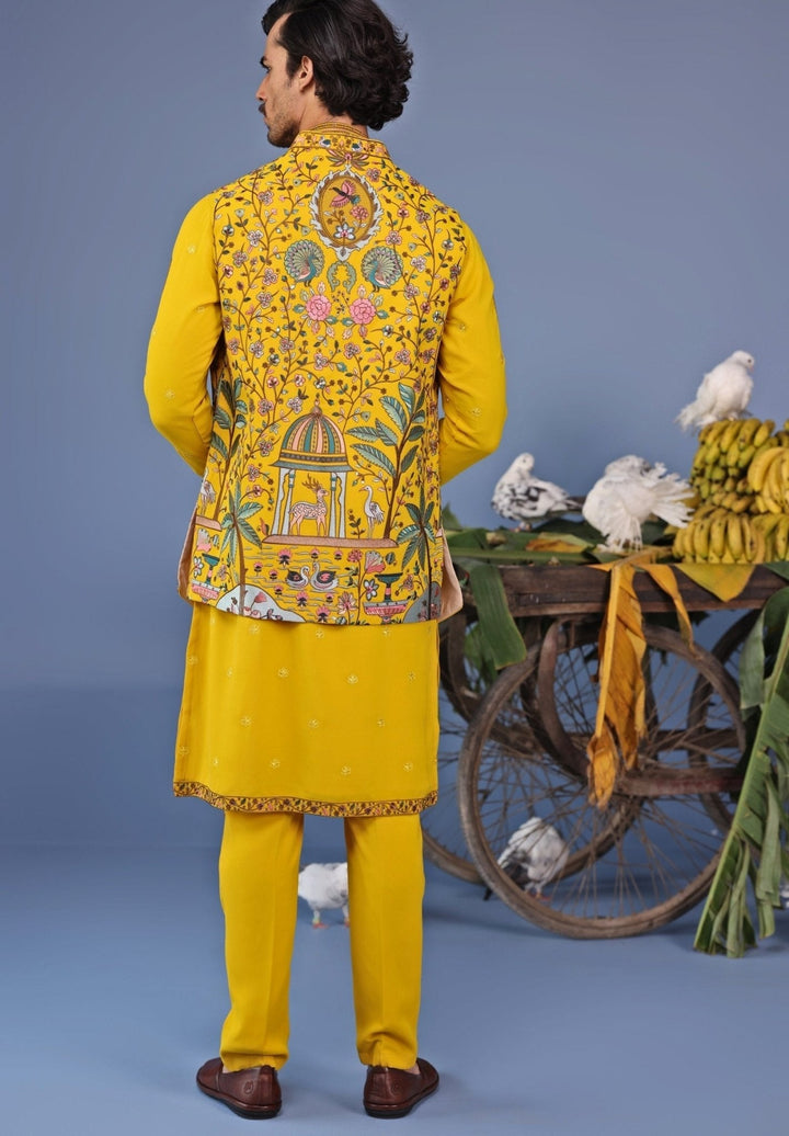 Mustard Yellow Georgette Kurta Set with Embroidered Jacket Kalpraag - Fabilicious Fashion