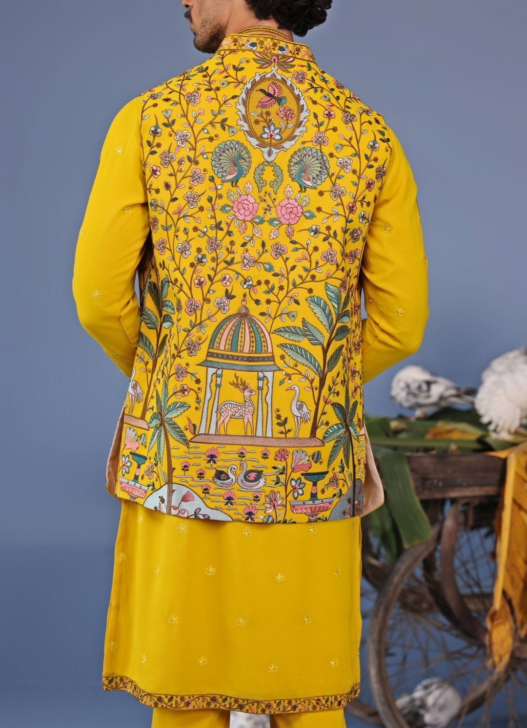 Mustard Yellow Georgette Kurta Set with Embroidered Jacket Kalpraag - Fabilicious Fashion