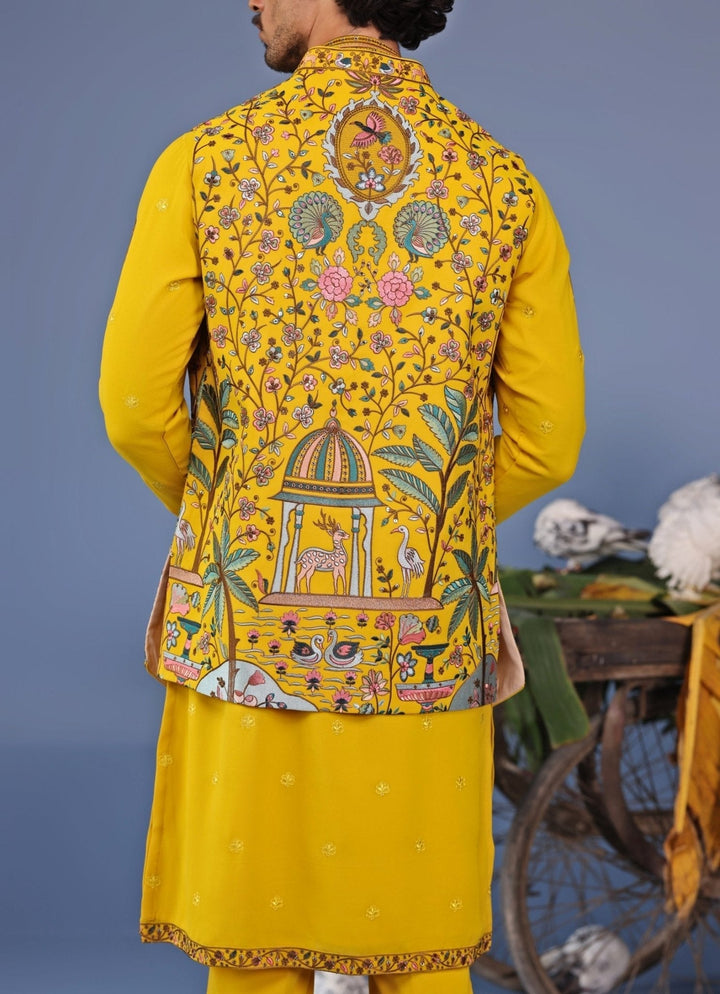 Mustard Yellow Georgette Kurta Set with Embroidered Jacket Kalpraag - Fabilicious Fashion