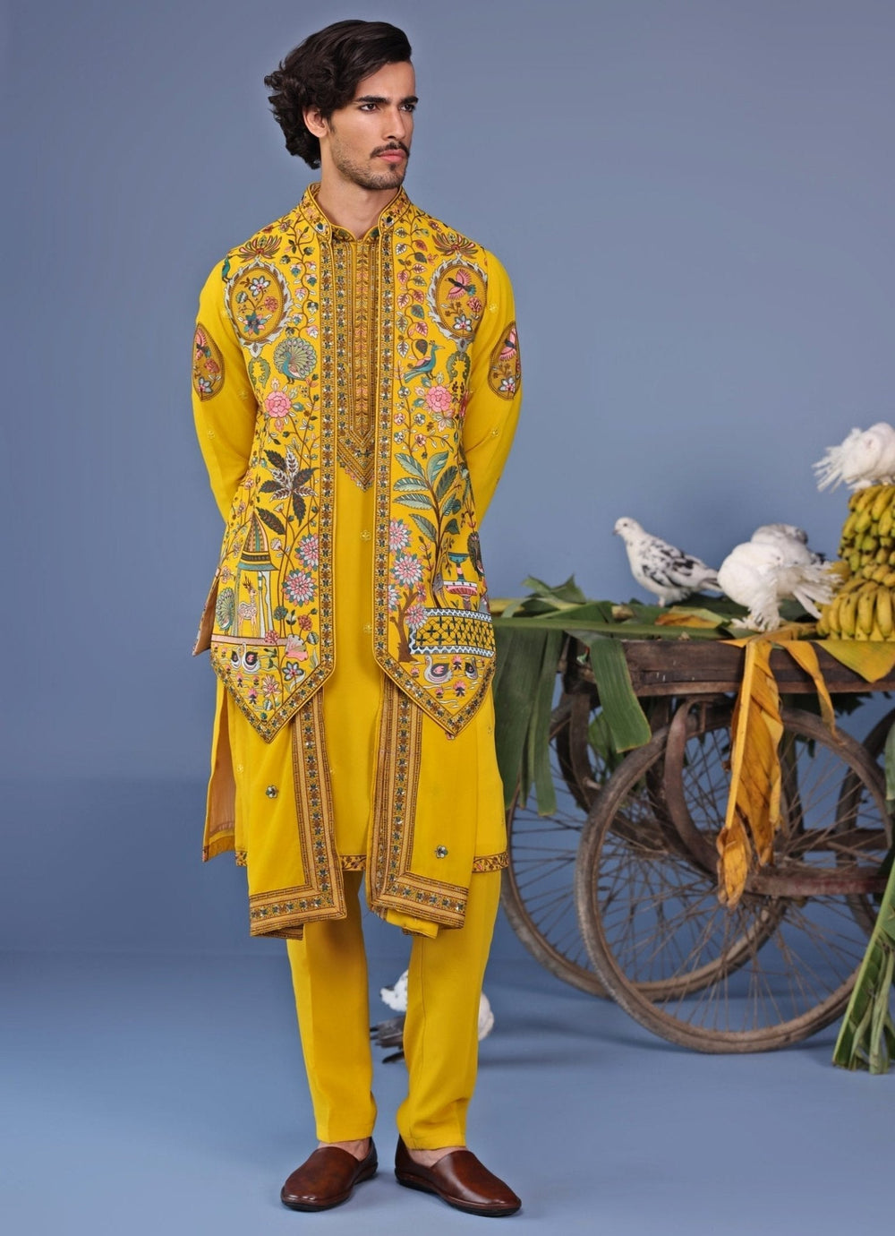 Mustard Yellow Georgette Kurta Set with Embroidered Jacket Kalpraag - Fabilicious Fashion