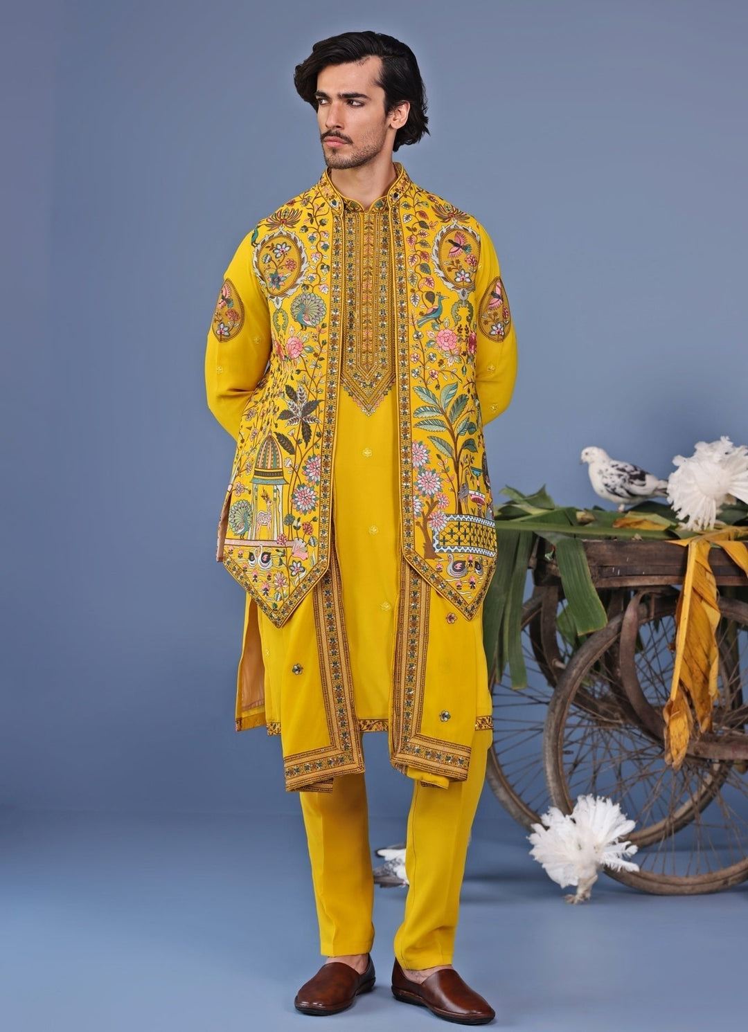 Mustard Yellow Georgette Kurta Set with Embroidered Jacket Kalpraag - Fabilicious Fashion