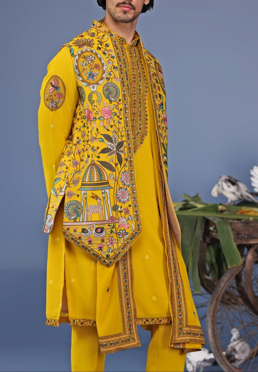 Mustard Yellow Georgette Kurta Set with Embroidered Jacket Kalpraag - Fabilicious Fashion