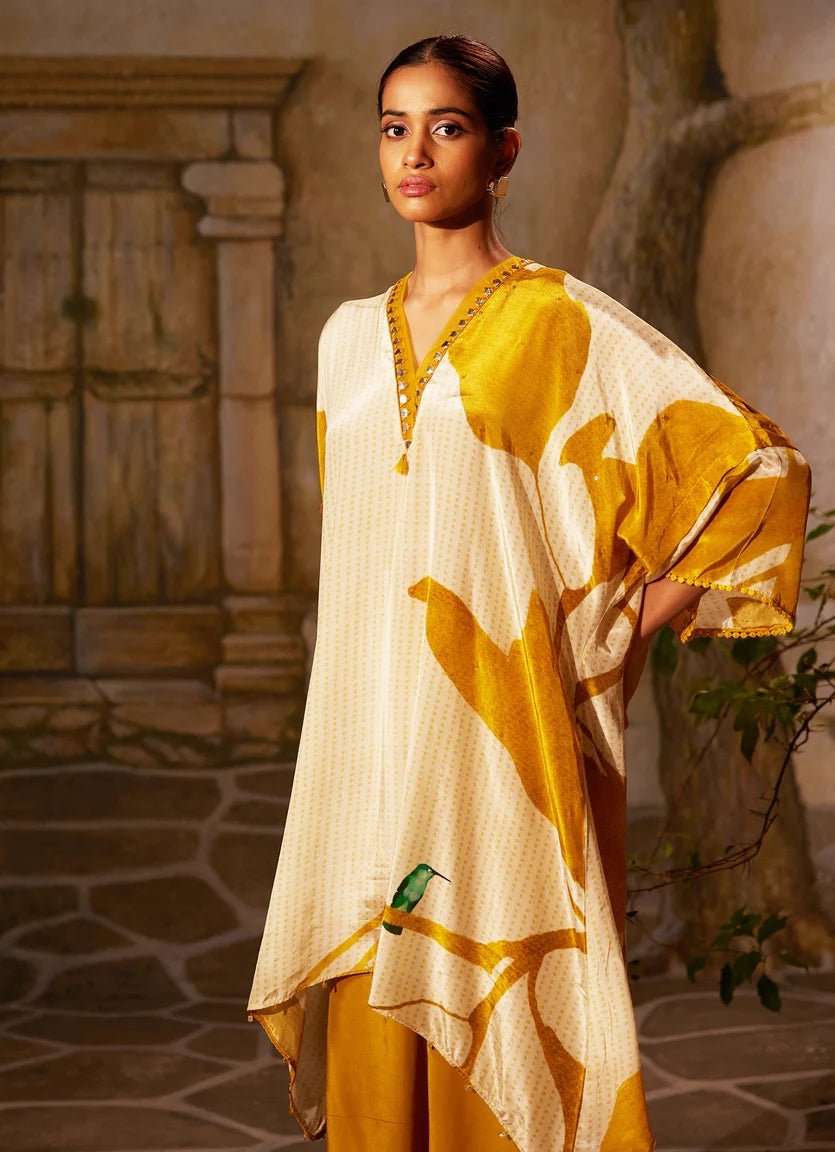 Mustard Yellow High - Low Printed Crepe Kurta Pant Set Basil Leaf - Fabilicious Fashion