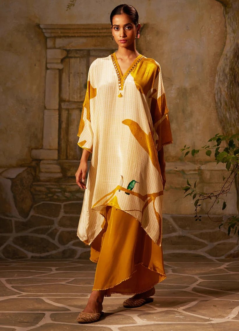 Mustard Yellow High - Low Printed Crepe Kurta Pant Set Basil Leaf - Fabilicious Fashion
