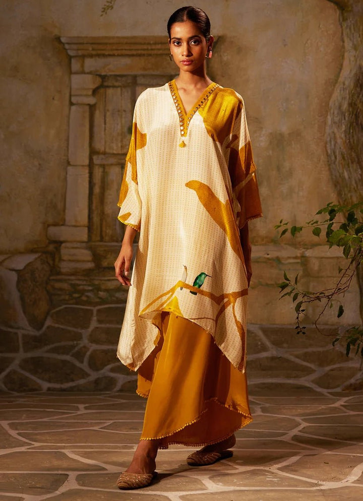 Mustard Yellow High - Low Printed Crepe Kurta Pant Set Basil Leaf - Fabilicious Fashion