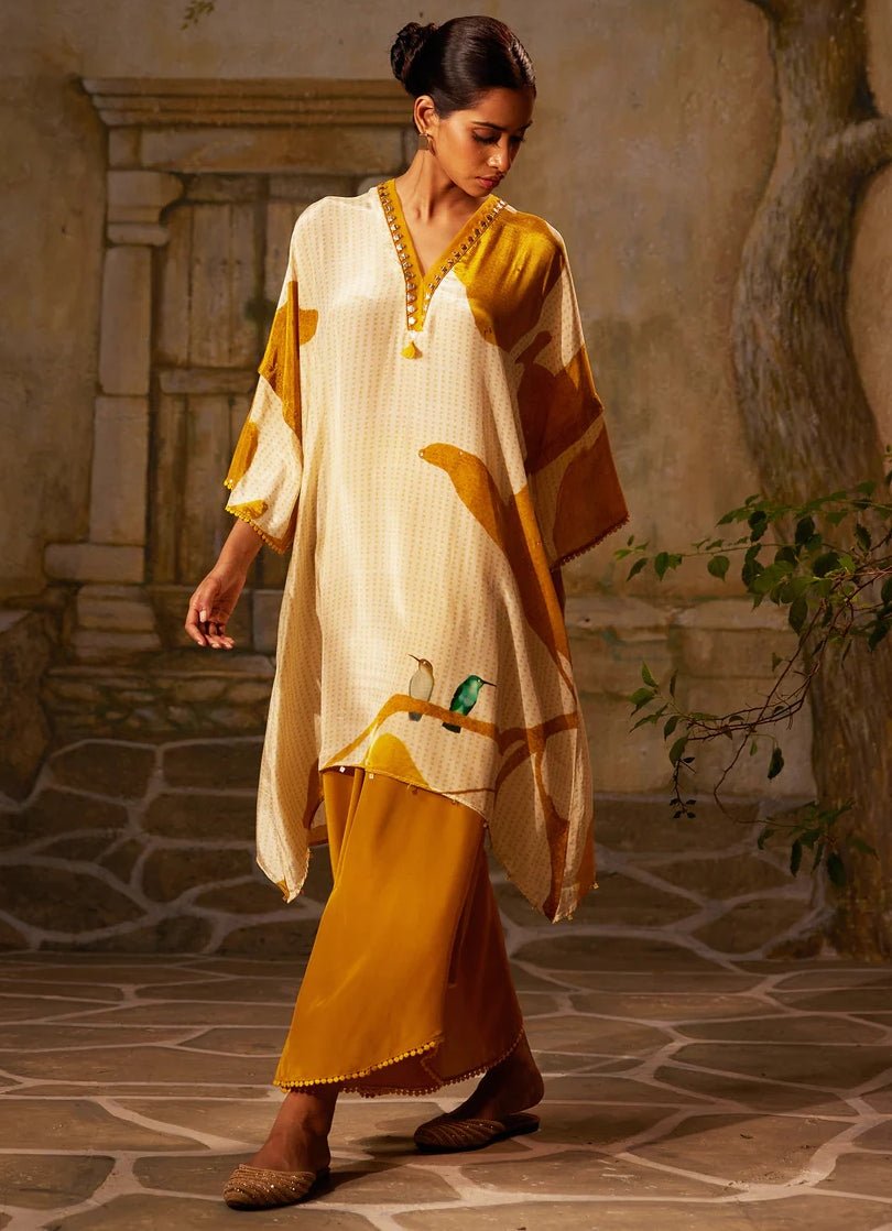 Mustard Yellow High - Low Printed Crepe Kurta Pant Set Basil Leaf - Fabilicious Fashion