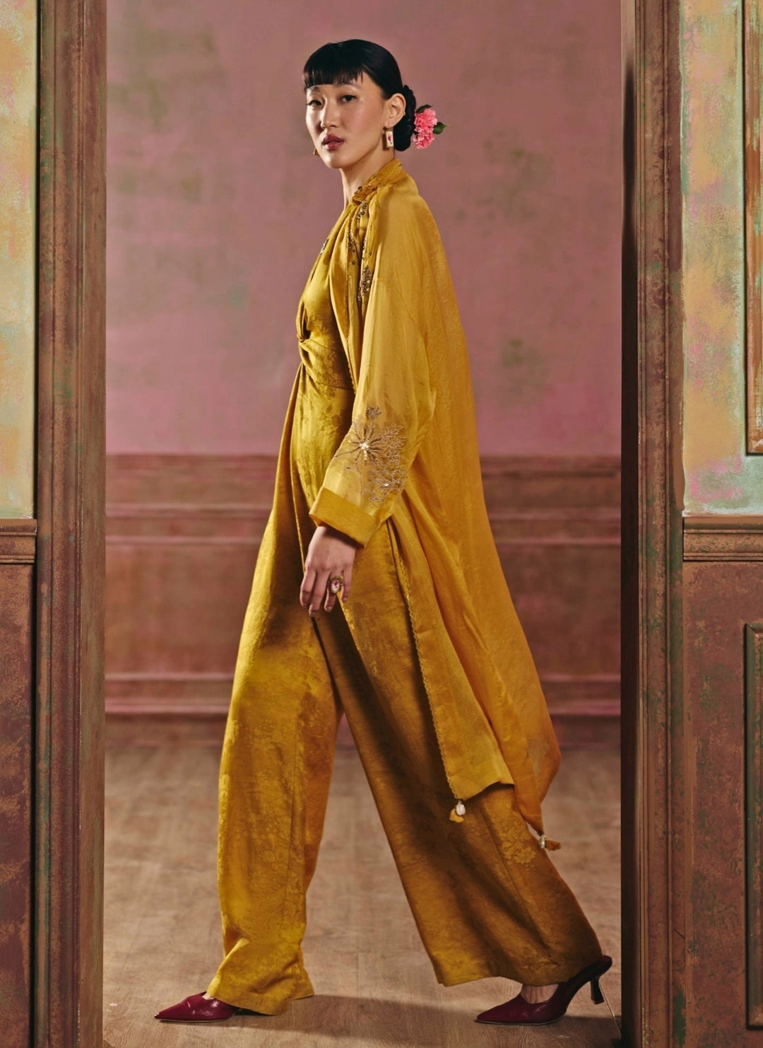 Paulmi and Harsh Mustard Yellow Jacquard Jumpsuit With JacketFabilicious Fashion