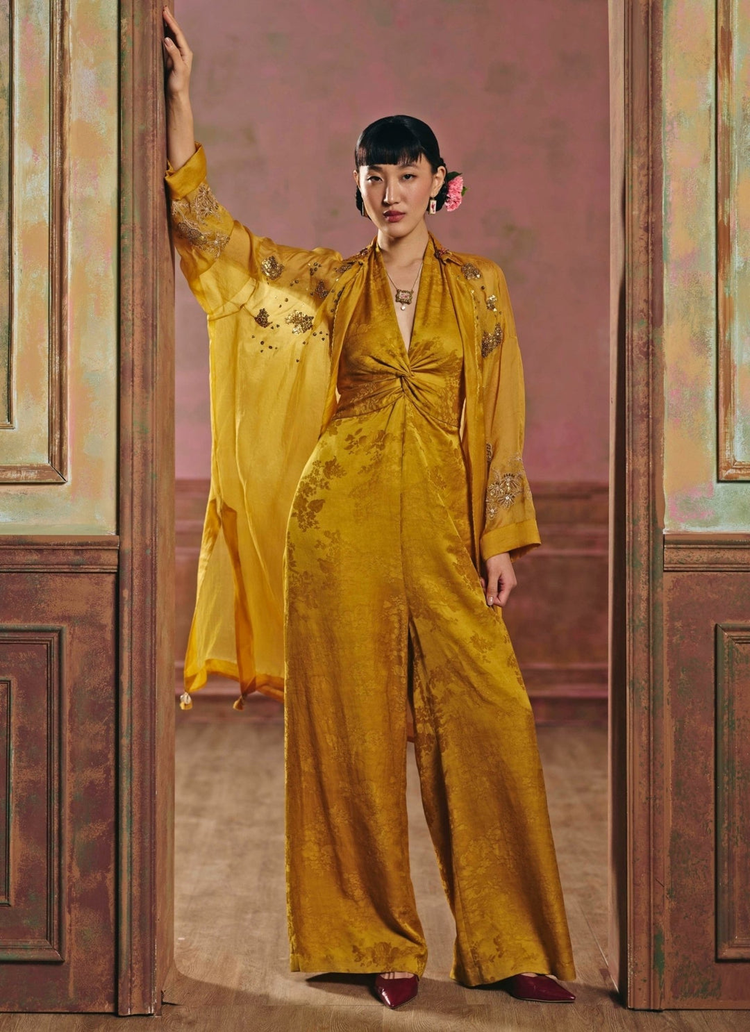 Paulmi and Harsh Mustard Yellow Jacquard Jumpsuit With JacketFabilicious Fashion