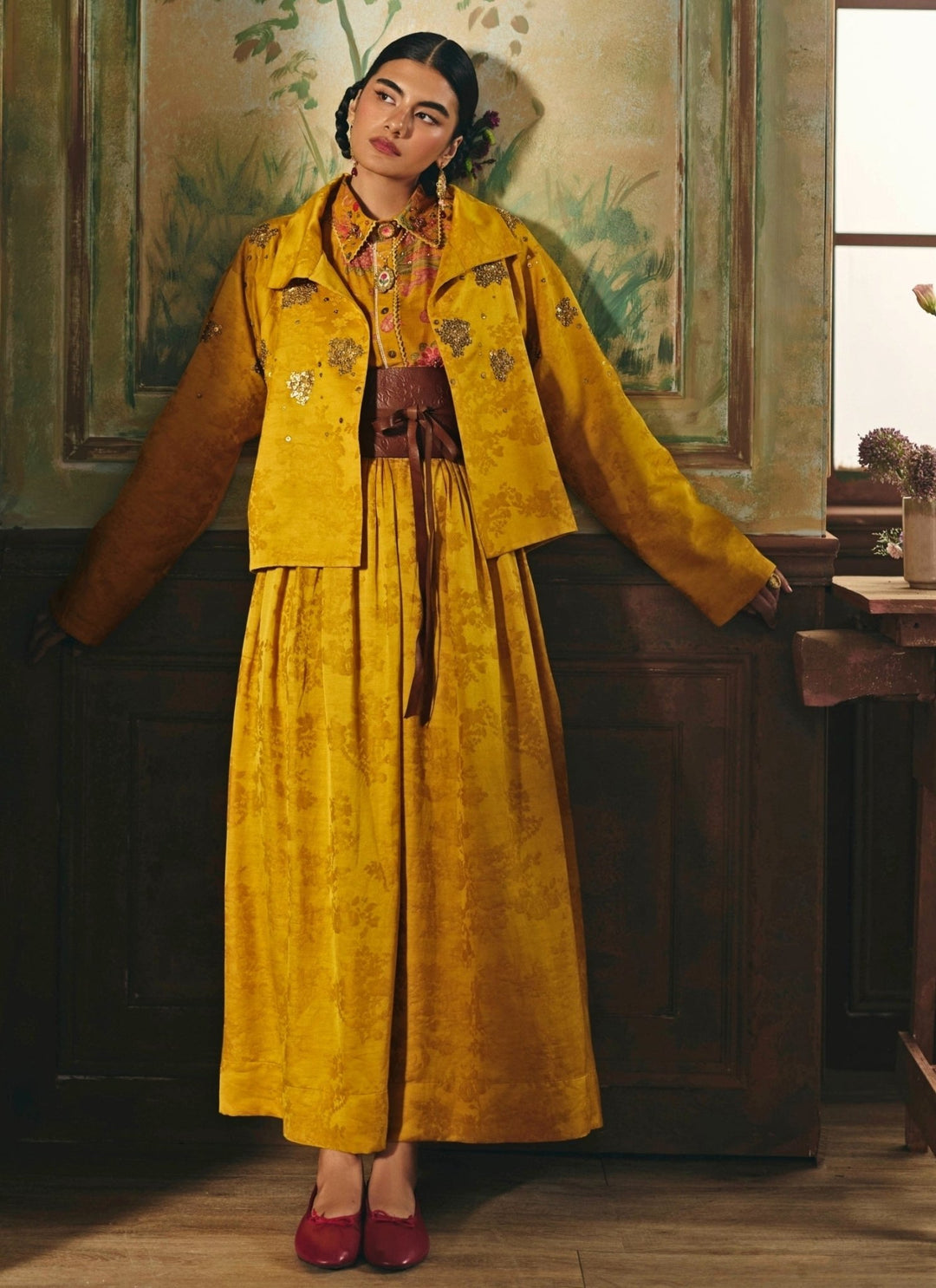 Paulmi and Harsh Mustard Yellow Jacquard Skirt Set With JacketFabilicious Fashion