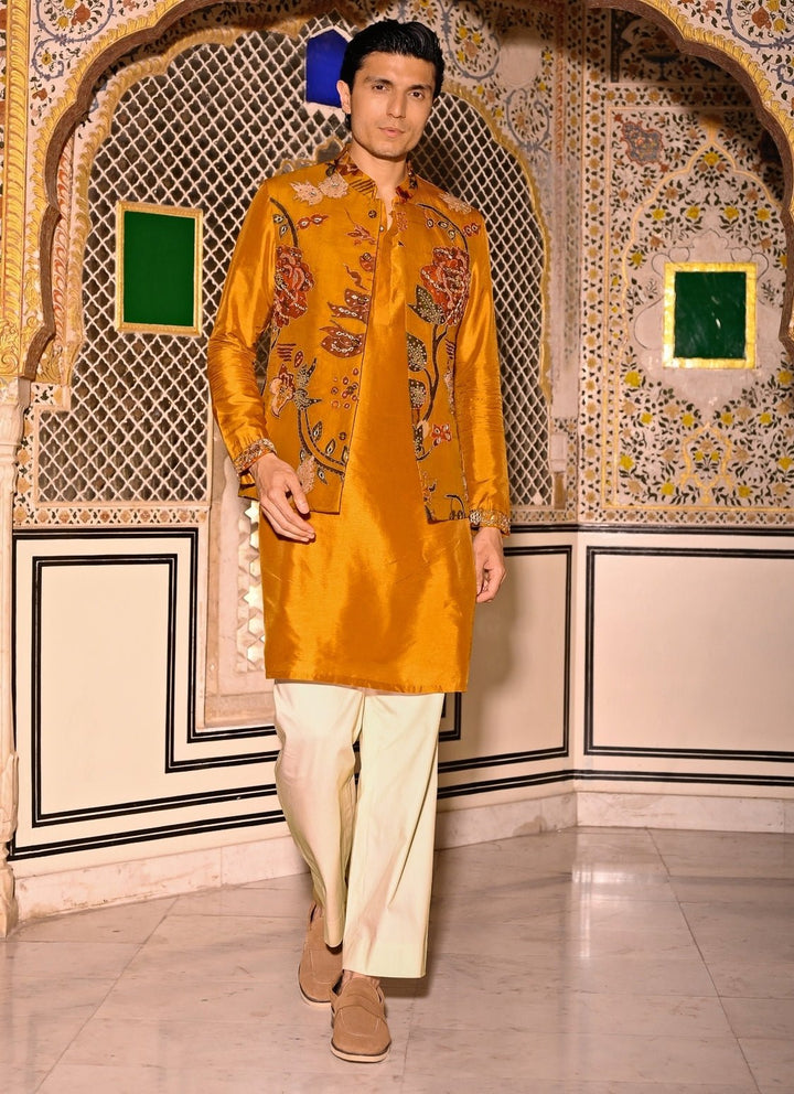 Juhi Bengani - Men Mustard Yellow Kurta Set with Embroidered Organza BundiFabilicious Fashion