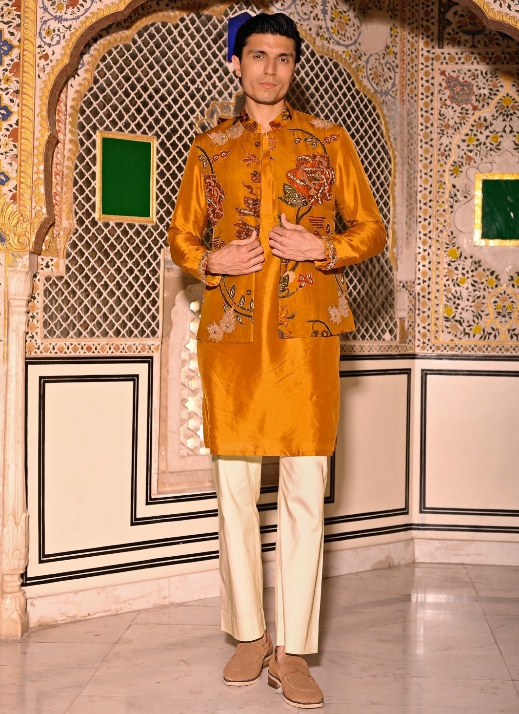 Juhi Bengani - Men Mustard Yellow Kurta Set with Embroidered Organza BundiFabilicious Fashion