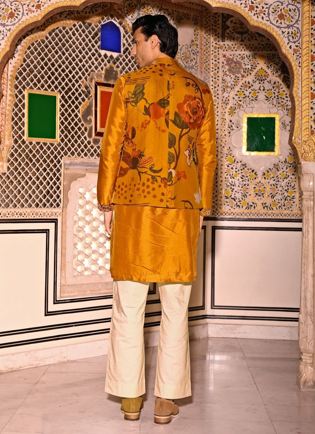Juhi Bengani - Men Mustard Yellow Kurta Set with Embroidered Organza BundiFabilicious Fashion