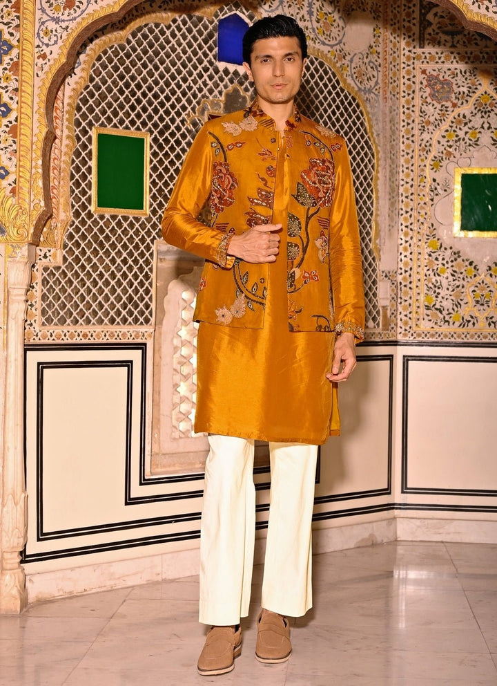 Juhi Bengani - Men Mustard Yellow Kurta Set with Embroidered Organza BundiFabilicious Fashion