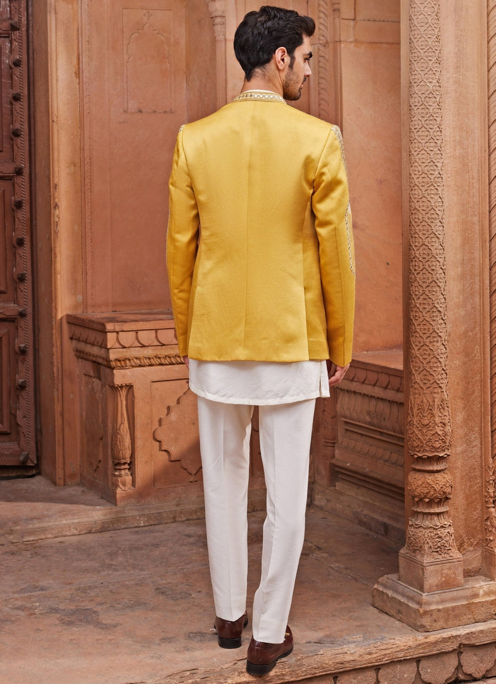 Mustard Yellow Mirror Embroidered Jacket Set Contrast By Parth - Fabilicious Fashion