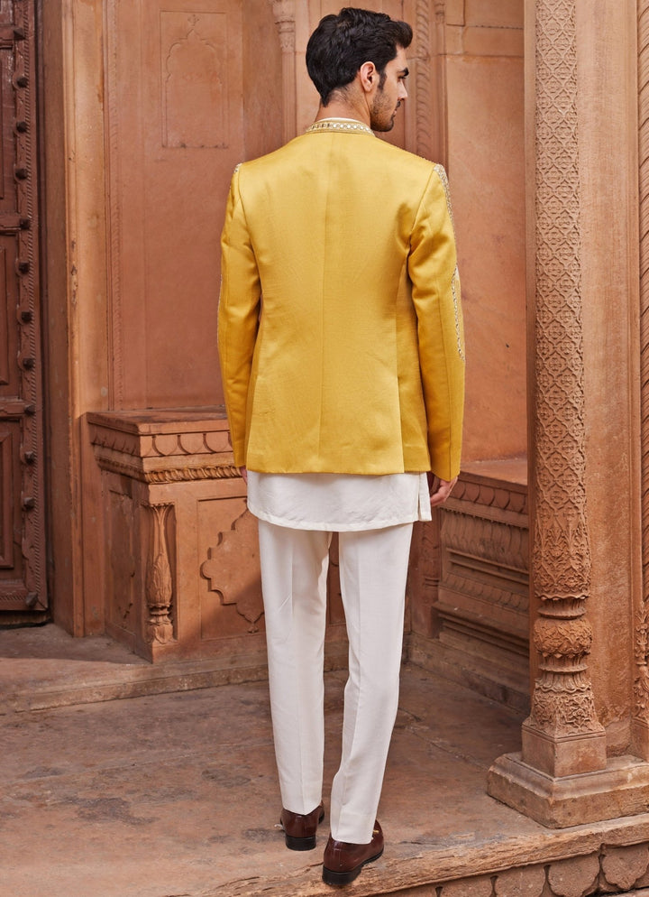Mustard Yellow Mirror Embroidered Jacket Set Contrast By Parth - Fabilicious Fashion