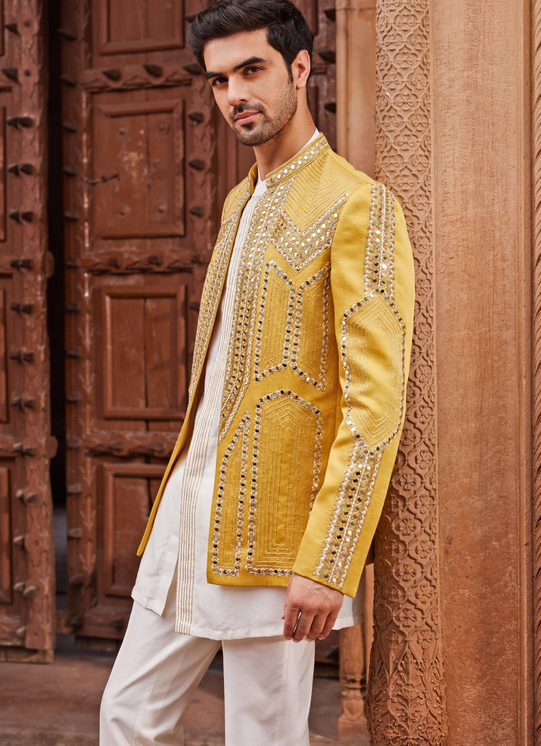 Mustard Yellow Mirror Embroidered Jacket Set Contrast By Parth - Fabilicious Fashion