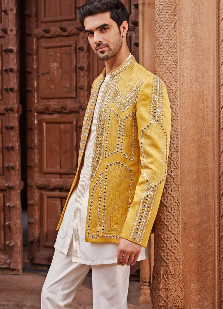 Mustard Yellow Mirror Embroidered Jacket Set Contrast By Parth - Fabilicious Fashion